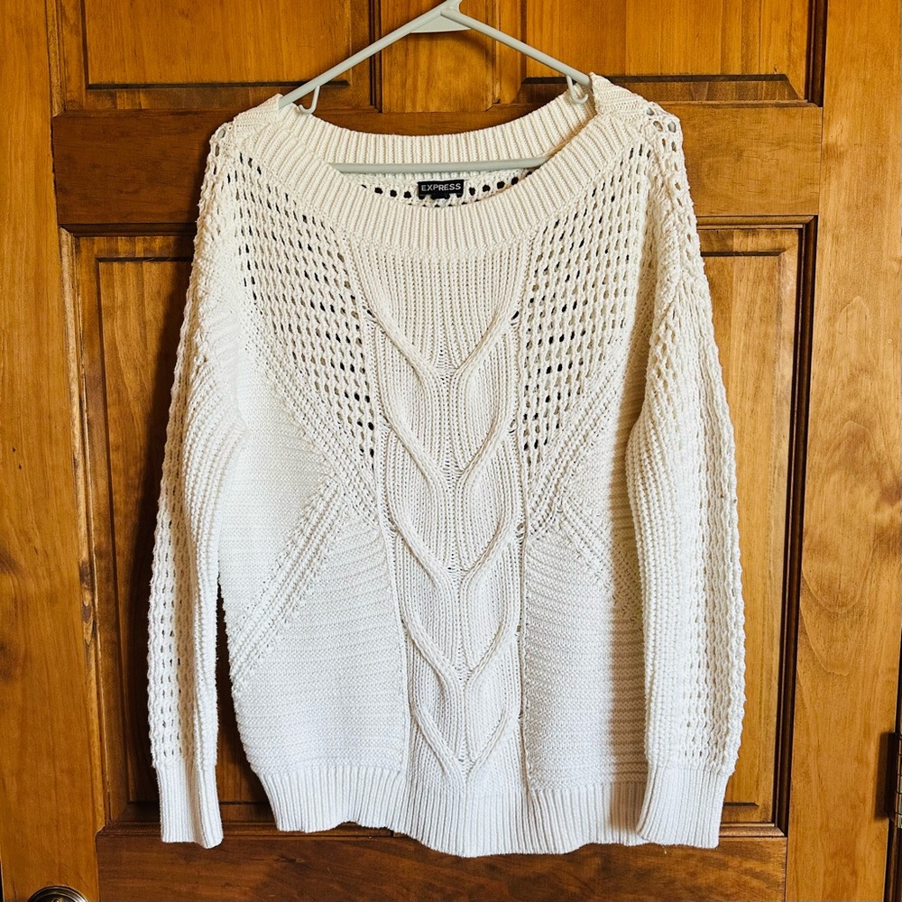 Express Cream Cable & Open-Stitch Scoop-Neck Sweater Size medium